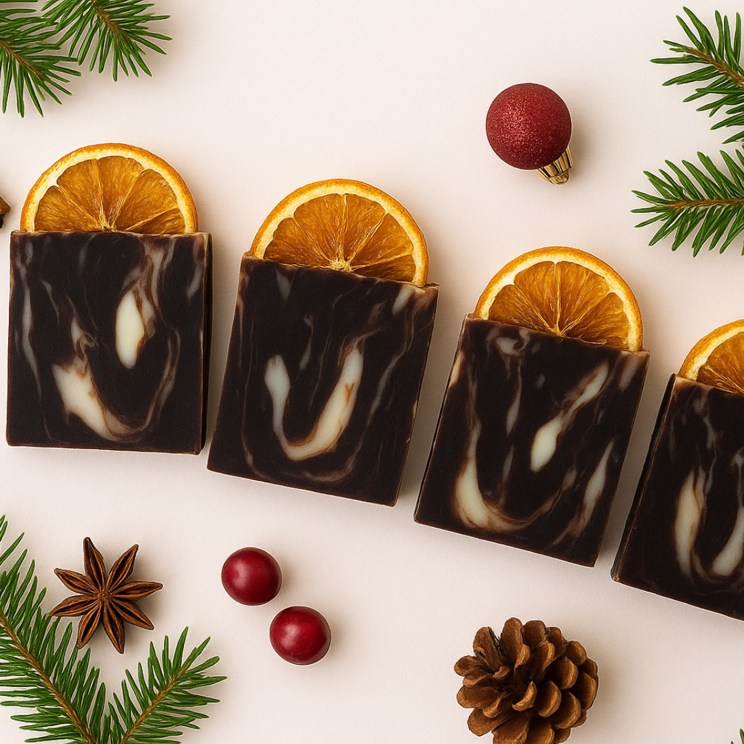 Swirl design soap bars with orange slices on a white background with Christmas decorations.