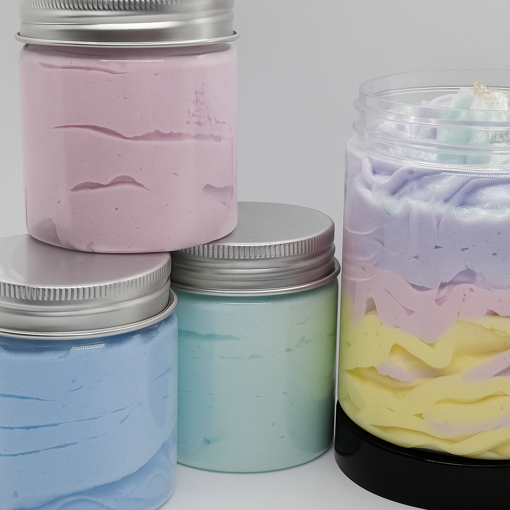 Jars filled with colourful, creamy whipped soap base on a white background