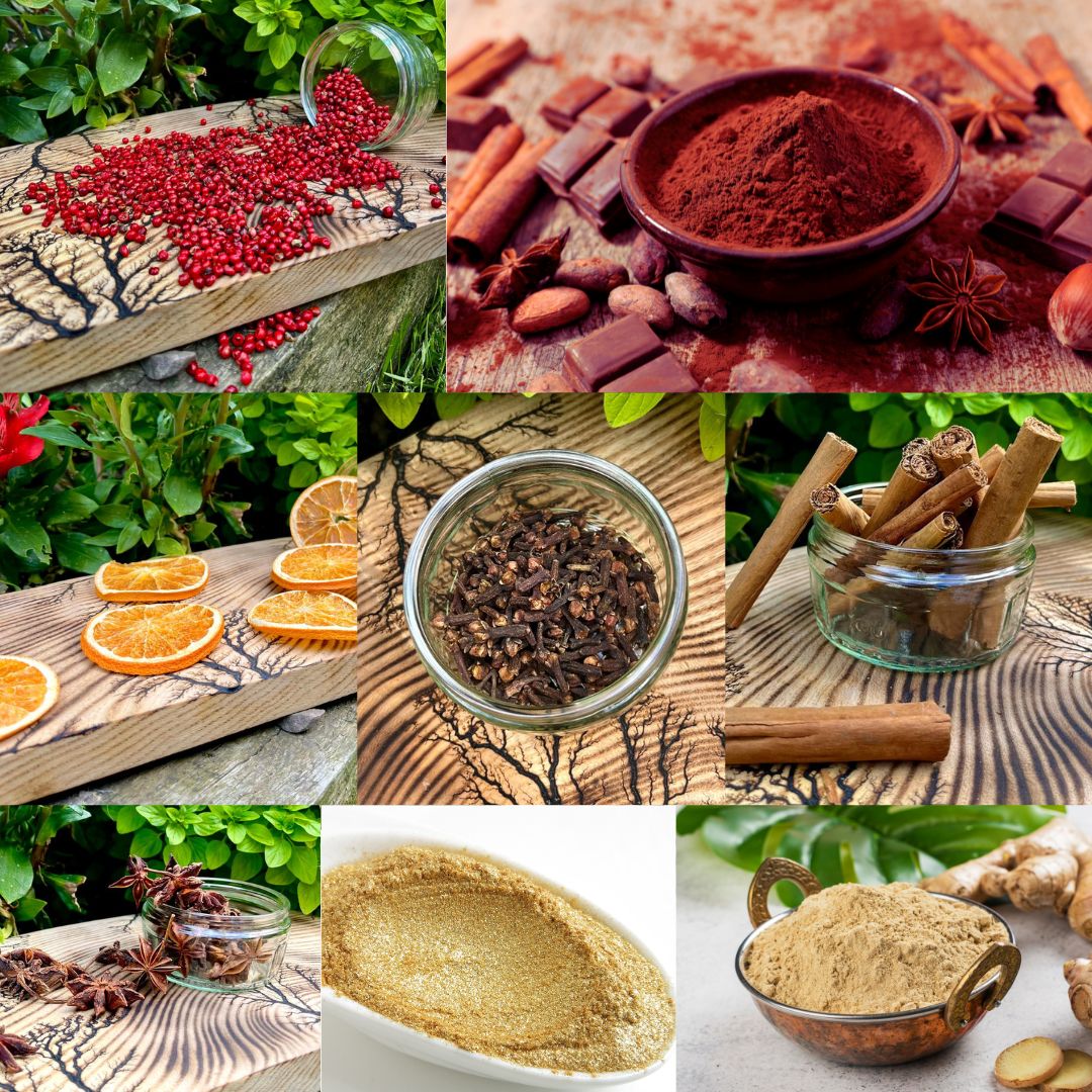 A collage of various seasonal spices including cinnamon, cloves, nutmeg, ginger, bay leaf, cocoa powder, dried orange slices, and airbrush gold synthetic mica.