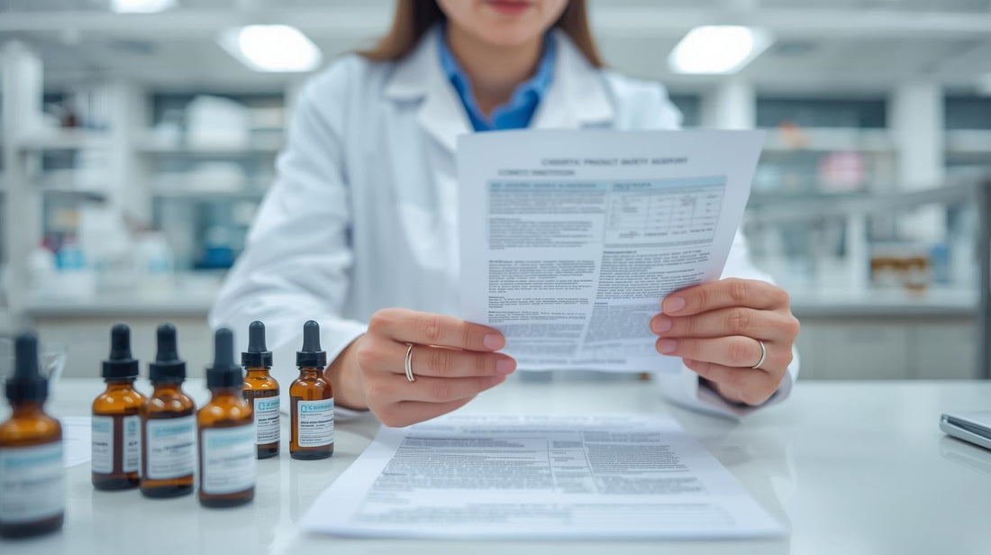 A decorative image showing a female scientist reviewing the safety and compliance of the ingredients in a cosmetic product in a laboratory setting.