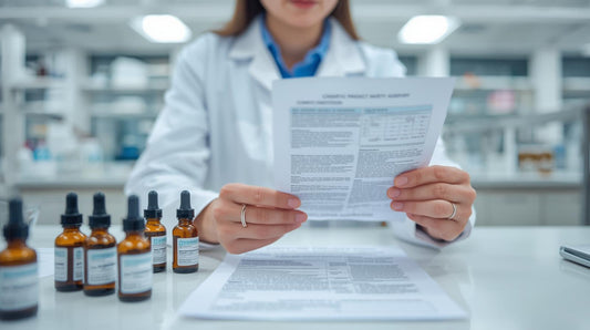 A decorative image showing a female scientist reviewing the safety and compliance of the ingredients in a cosmetic product in a laboratory setting.