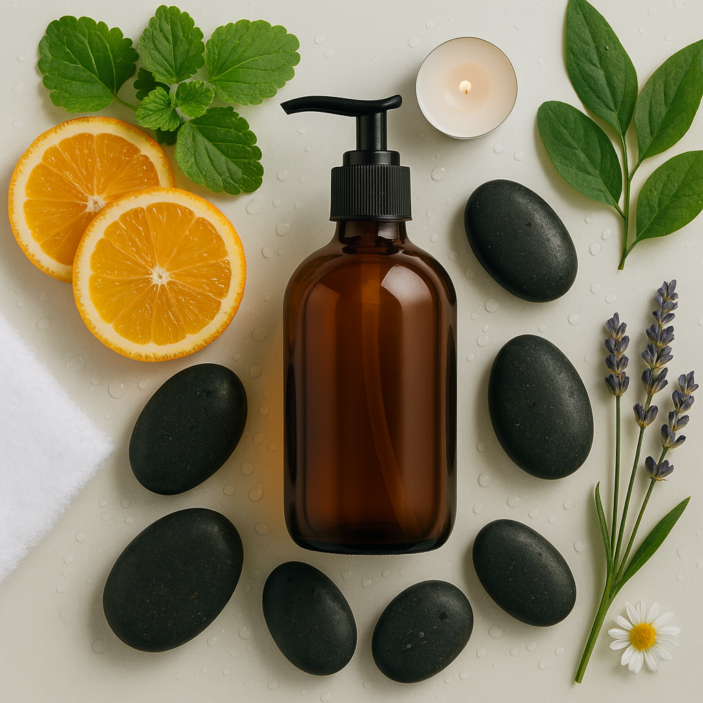 Amber pump top bottle for all in one wash base surrounded by pebbles, foliage and orange slices