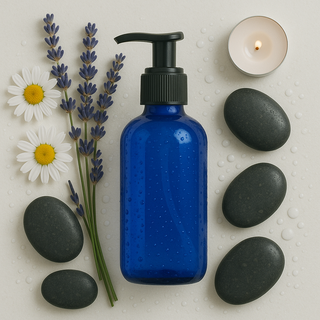 Blue glass bottle with pump top surrounded by a candle, pebbles and flowers