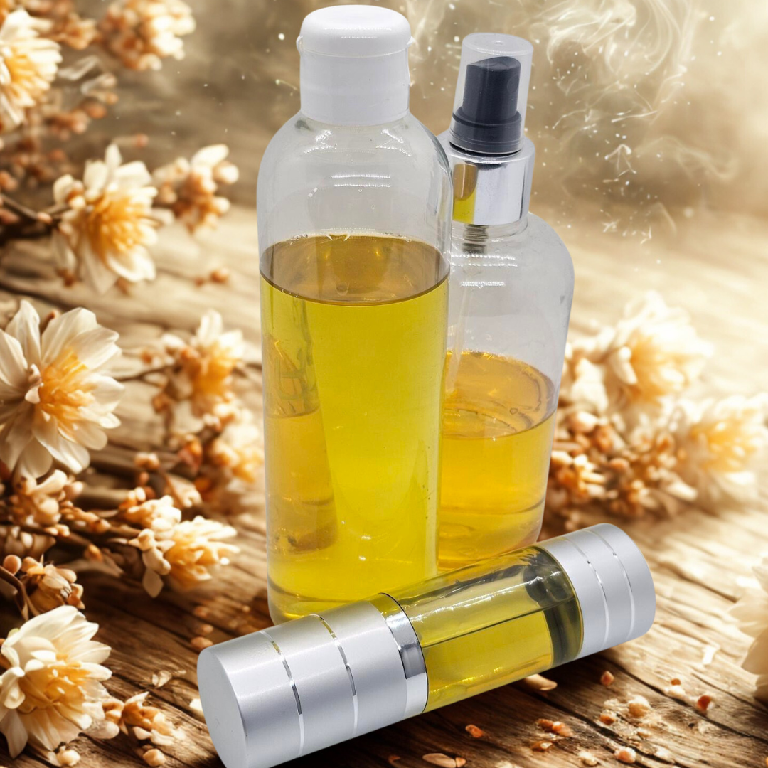 Three bottles of pale golden luxury body oil with organic moringa oil, dried flowers on a wooden natural background