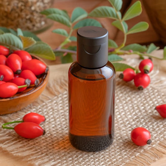 Brown bottle containing Rosehip Seed Oil Cold Pressed, with black cap on a textured surface with rosehips and green leaves.