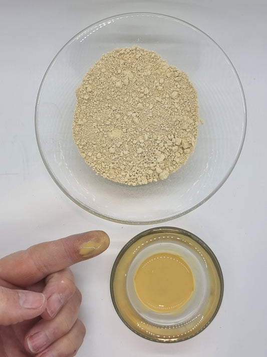 Two glass bowls with French Yellow clay in powder form and mixed with water showing the light muted yellow colour of the clay. A hand is visible with a finger extended that has a blob of wet yellow clay on it. Light reflects off the wet clay.